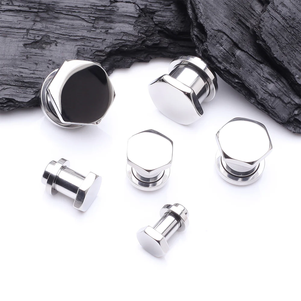 A Pair of Steel Hexa Nut Push-Fit Single Flared Ear Gauge Plug - Image 3