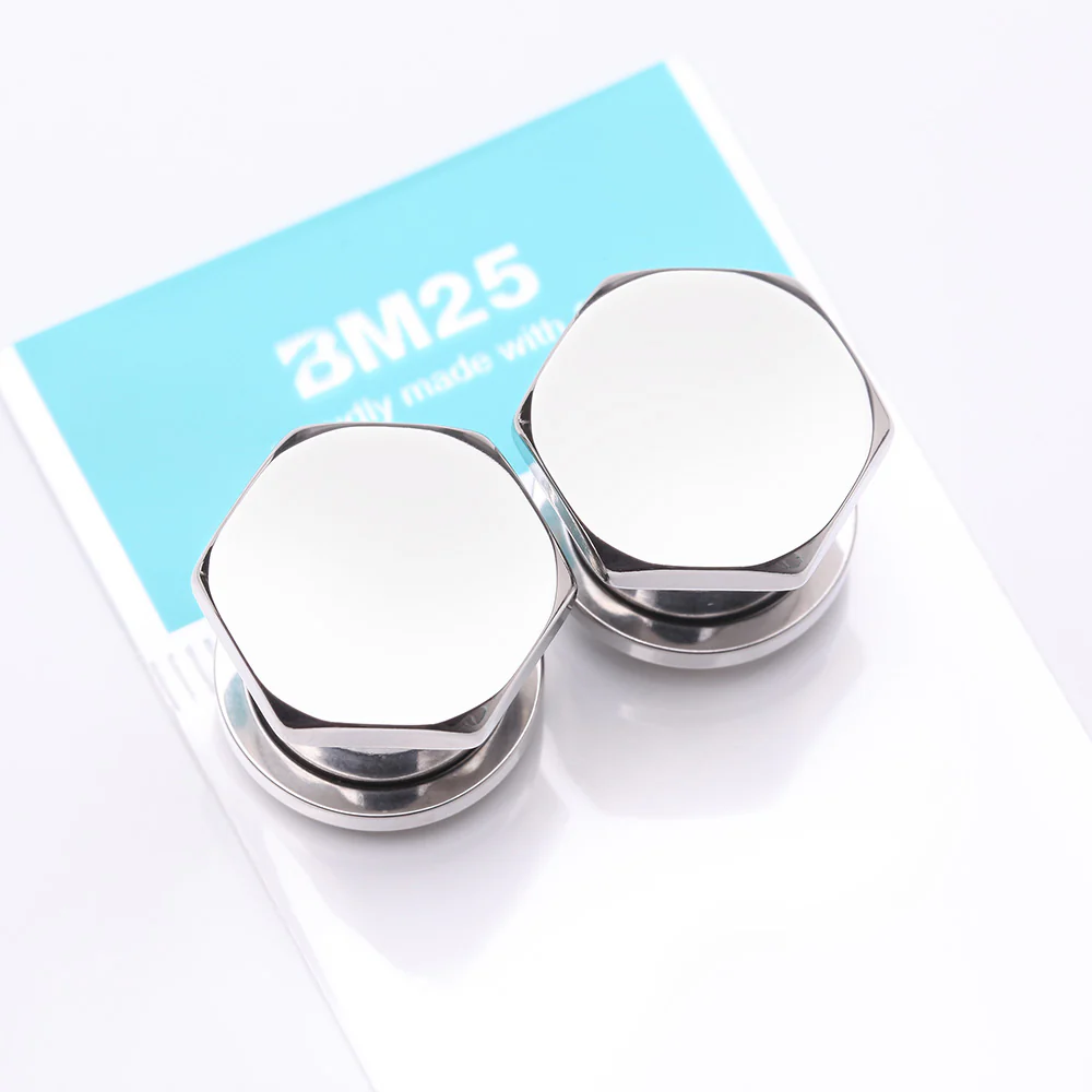A Pair of Steel Hexa Nut Push-Fit Single Flared Ear Gauge Plug - Image 4
