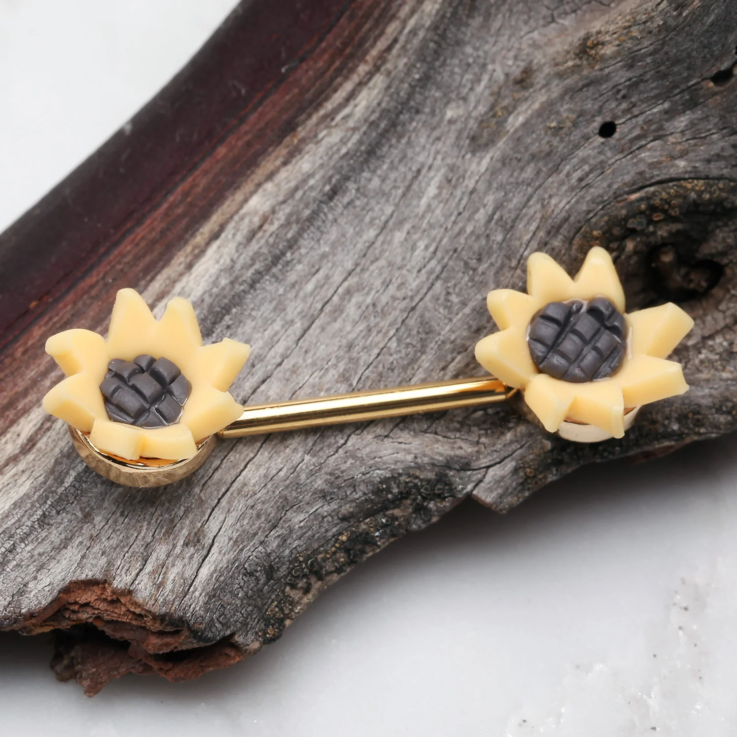 A Pair of Sunflower Bloom Handmade Clay Flower Nipple Barbell - Image 2