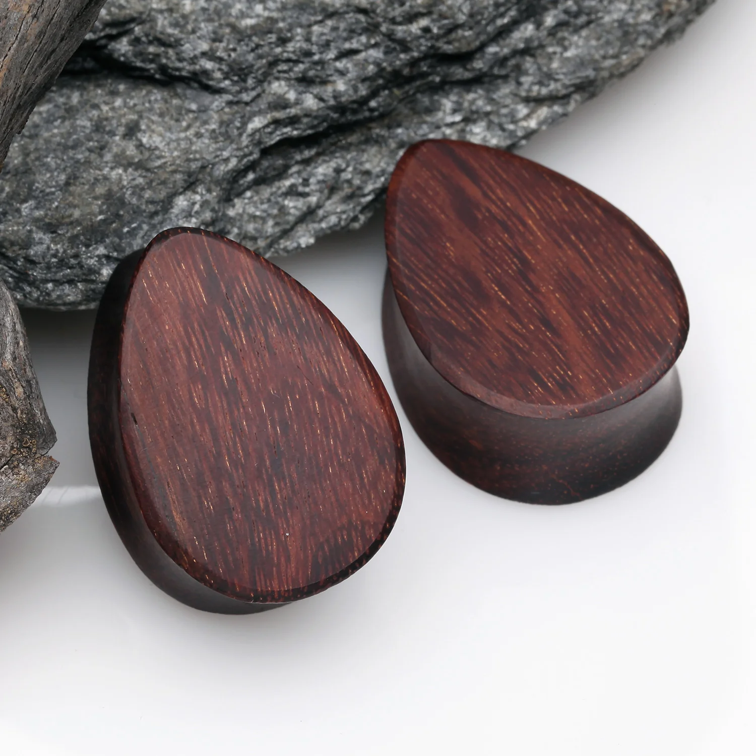 A Pair of Teardrop Dark Tamarind Wood Double Flared Plug - Image 2