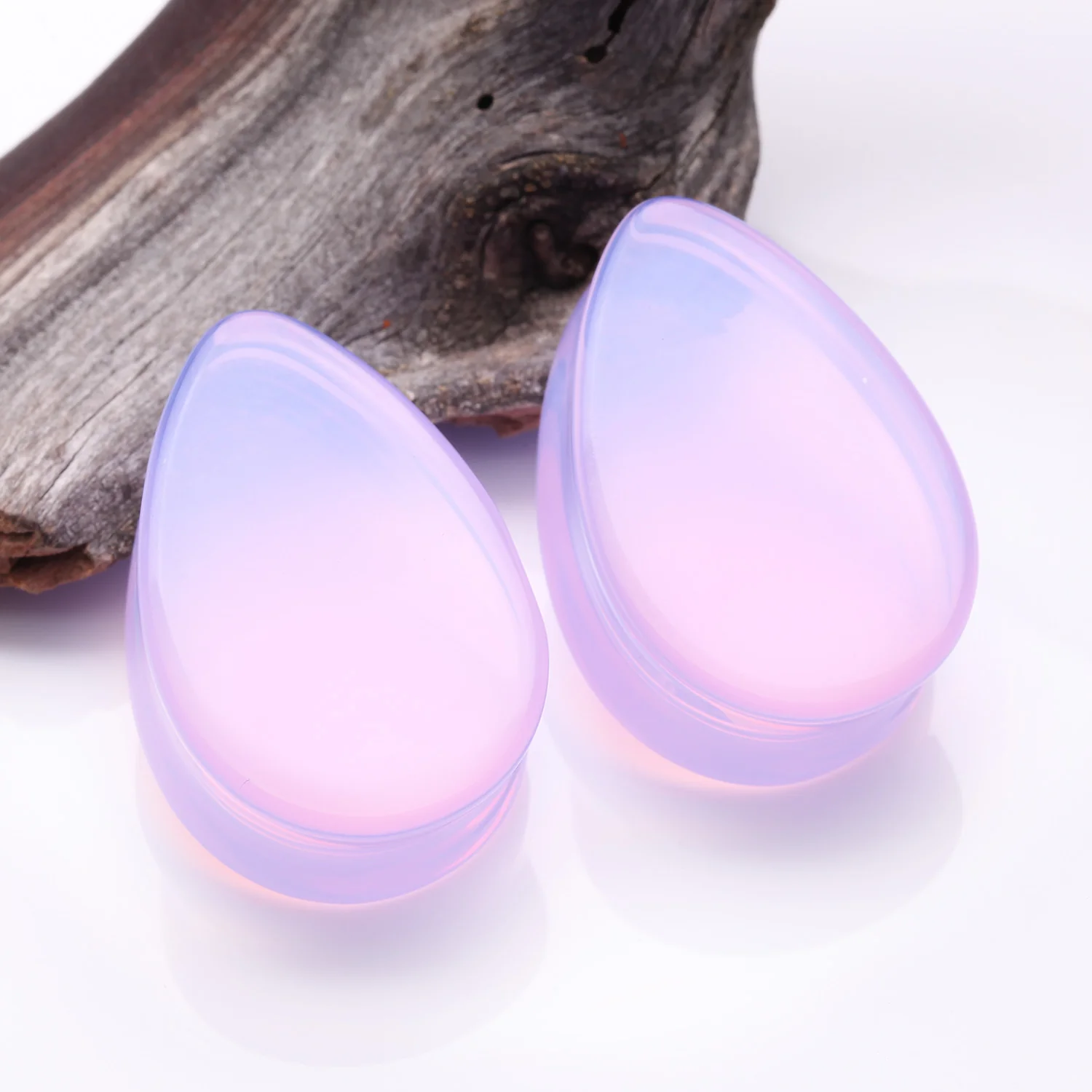 A Pair of Teardrop Lavender Translucent Glass Double Flared Ear Gauge Plug - Image 2