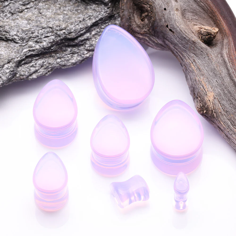 A Pair of Teardrop Lavender Translucent Glass Double Flared Ear Gauge Plug - Image 3