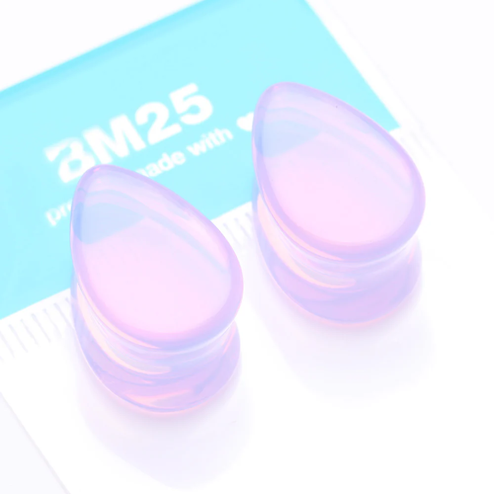 A Pair of Teardrop Lavender Translucent Glass Double Flared Ear Gauge Plug - Image 4
