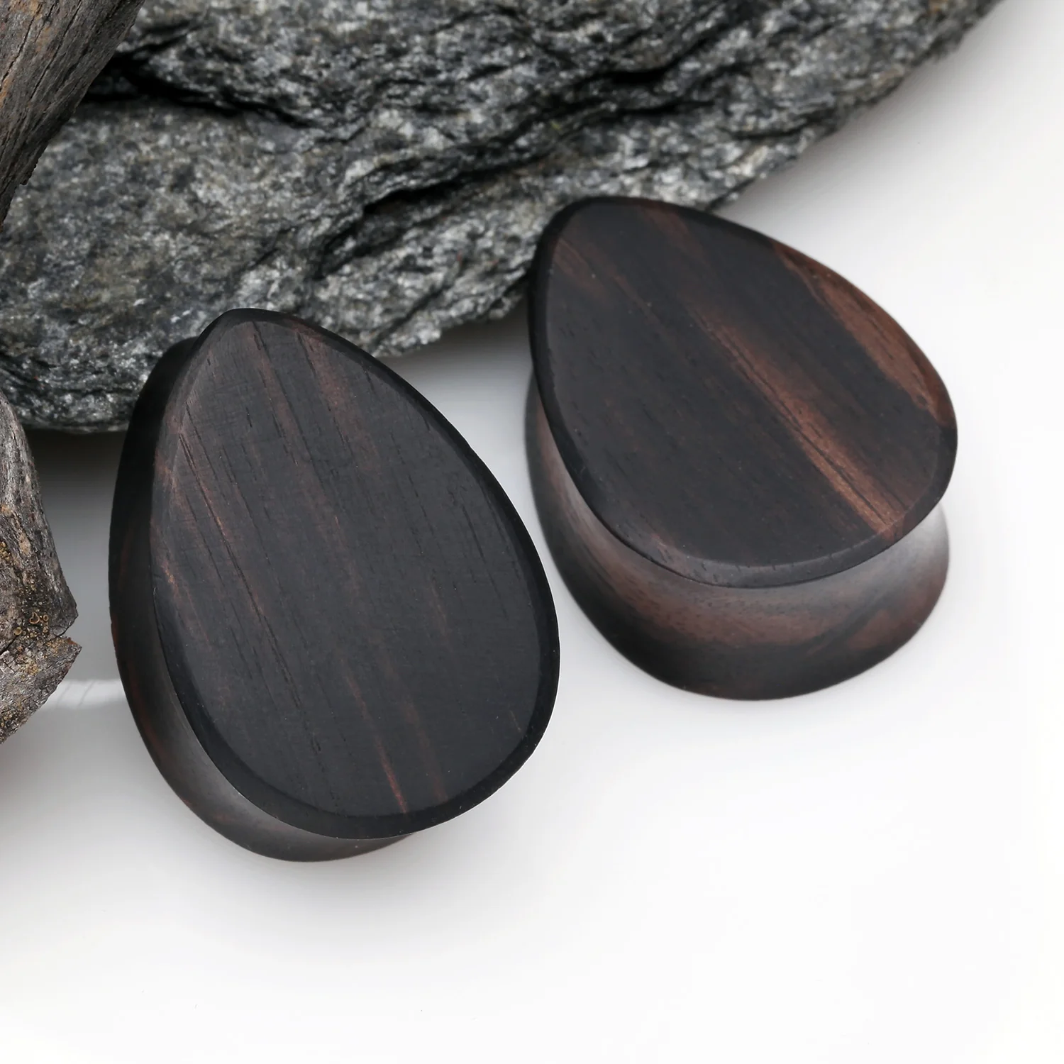 A Pair of Teardrop Tiger Ebony Wood Double Flared Plug - Image 2