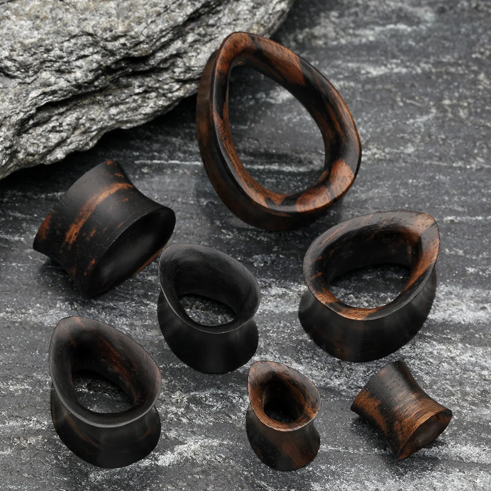 A Pair of Teardrop Tiger Ebony Wood Double Flared Tunnel Plug - Image 3