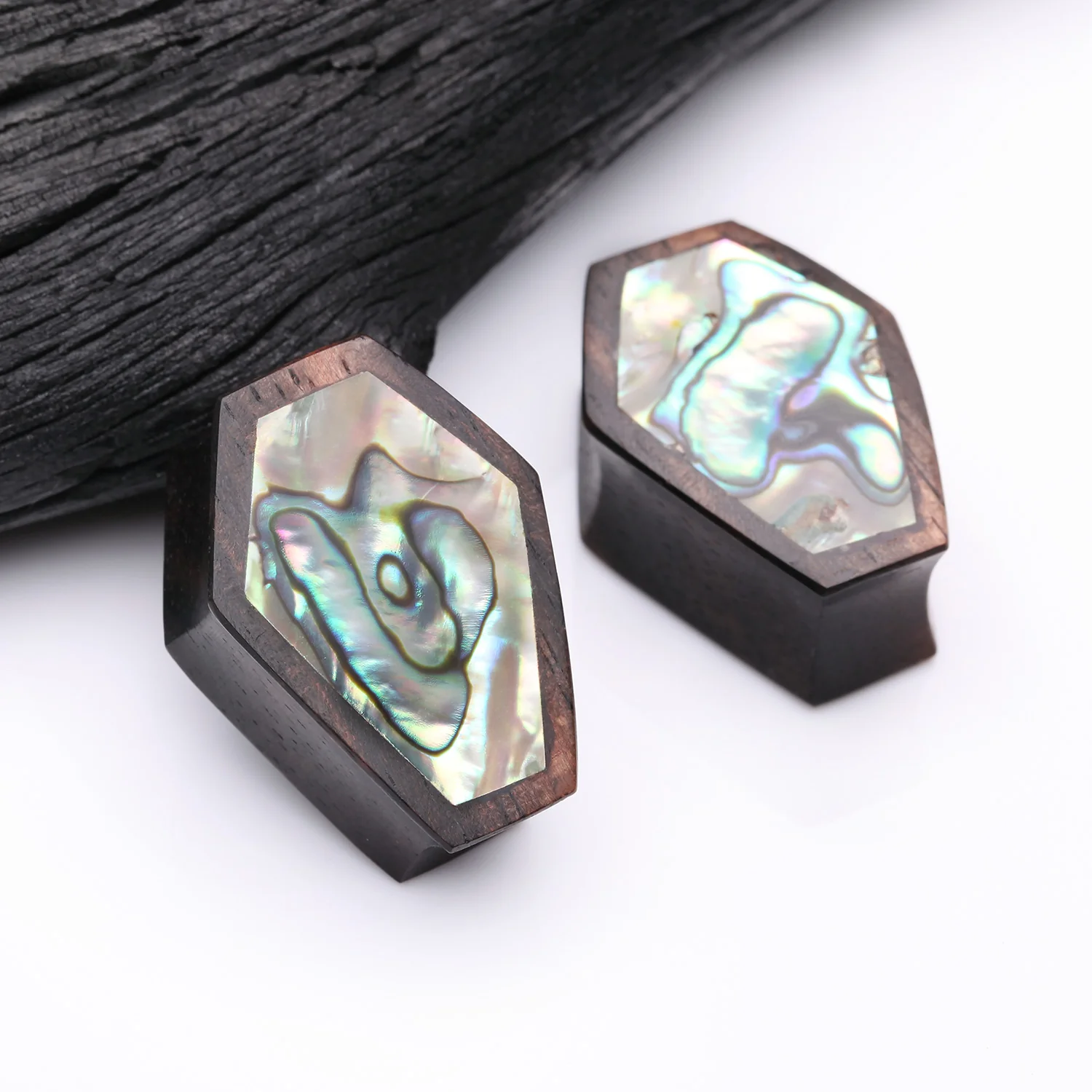 A Pair of Tiger Ebony Wood Abalone Inlay Casket Double Flared Plug - Image 2