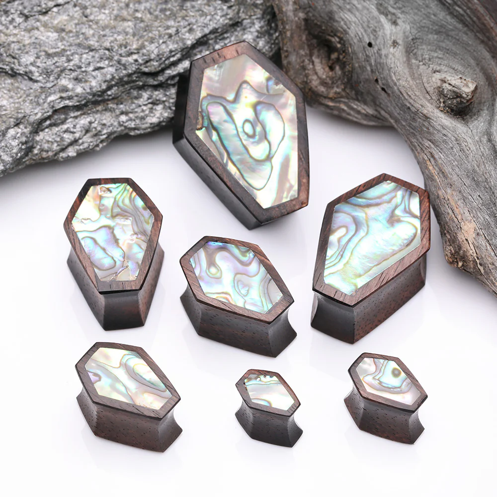 A Pair of Tiger Ebony Wood Abalone Inlay Casket Double Flared Plug - Image 3