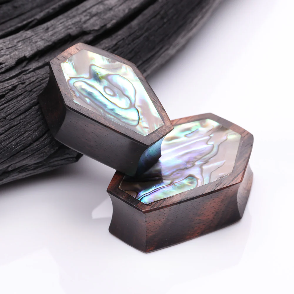 A Pair of Tiger Ebony Wood Abalone Inlay Casket Double Flared Plug - Image 4