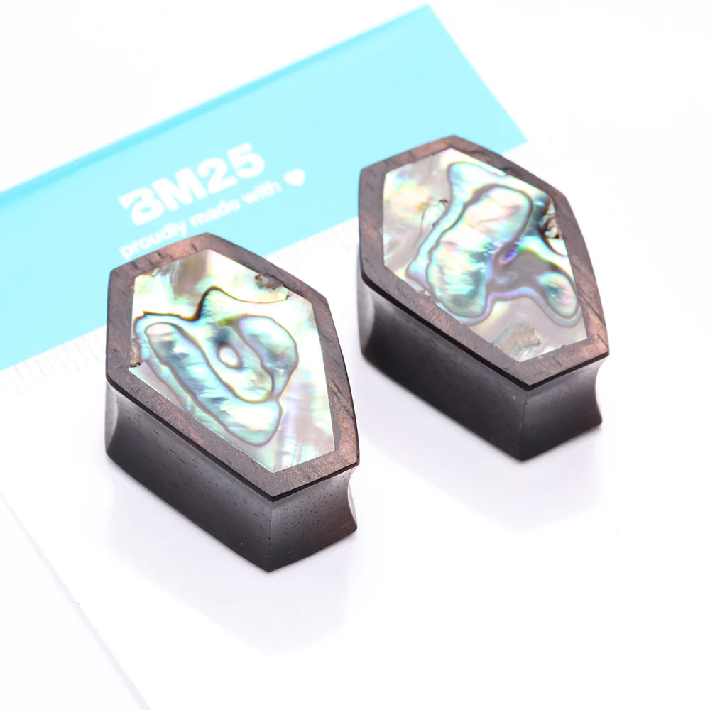 A Pair of Tiger Ebony Wood Abalone Inlay Casket Double Flared Plug - Image 5