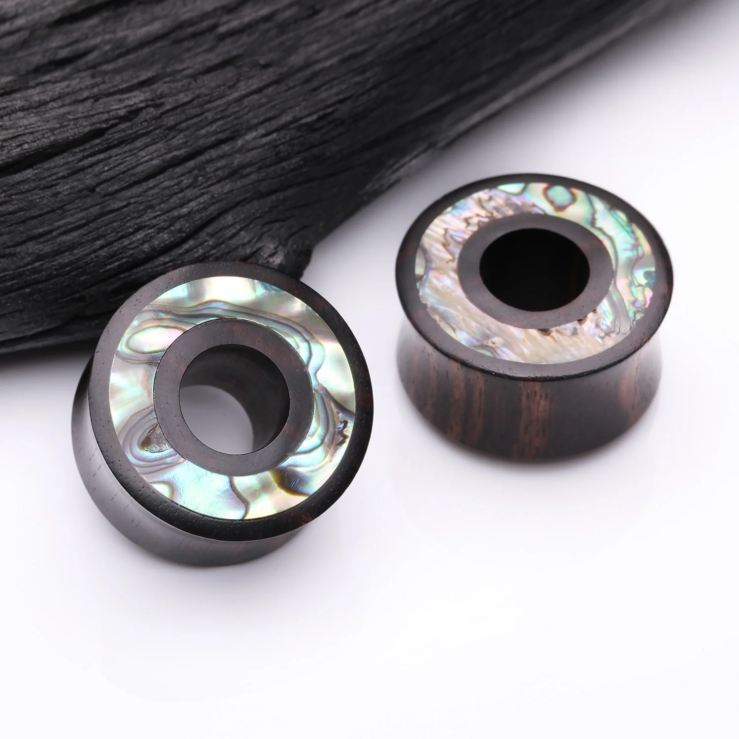 A Pair of Tiger Ebony Wood Abalone Inlay Double Flared Tunnel Plug - Image 2