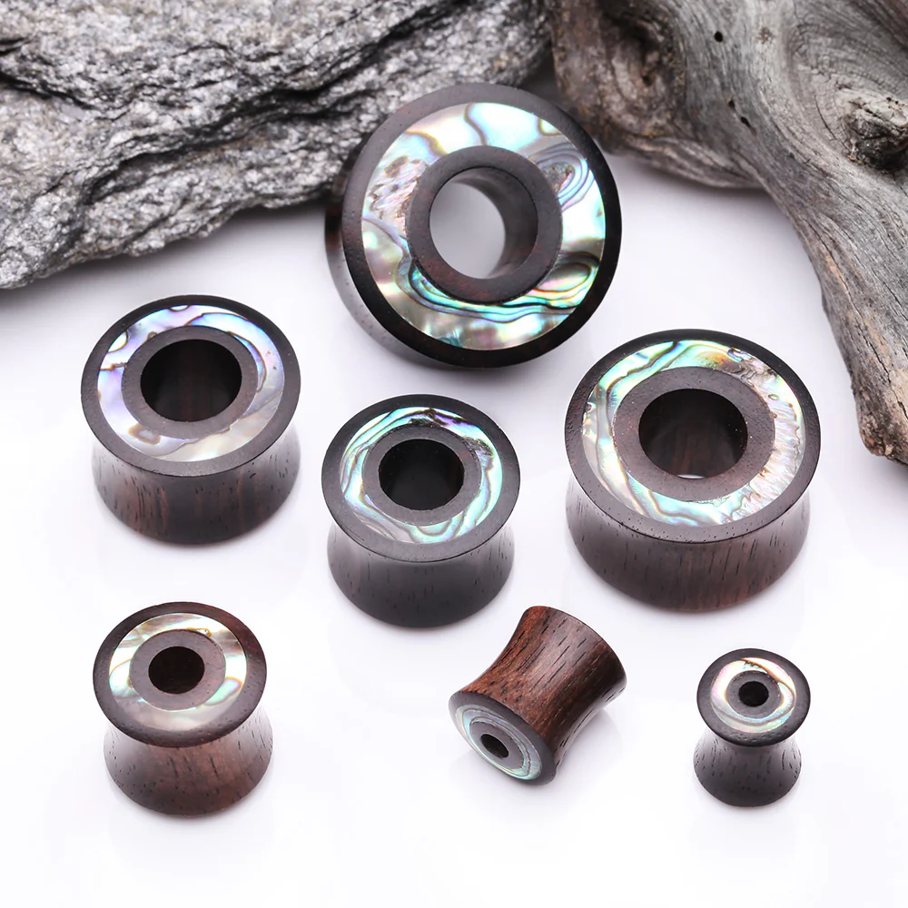 A Pair of Tiger Ebony Wood Abalone Inlay Double Flared Tunnel Plug - Image 3