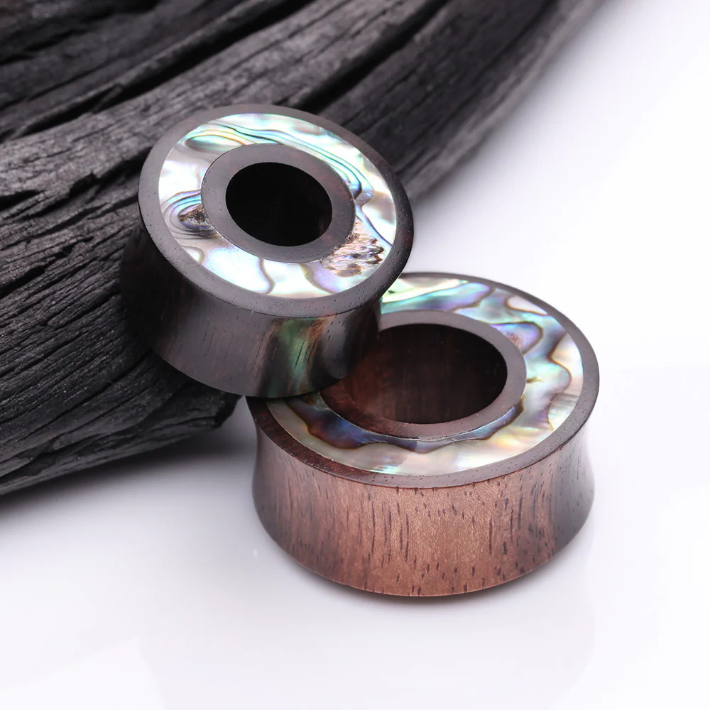 A Pair of Tiger Ebony Wood Abalone Inlay Double Flared Tunnel Plug - Image 4