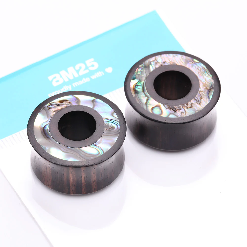 A Pair of Tiger Ebony Wood Abalone Inlay Double Flared Tunnel Plug - Image 5
