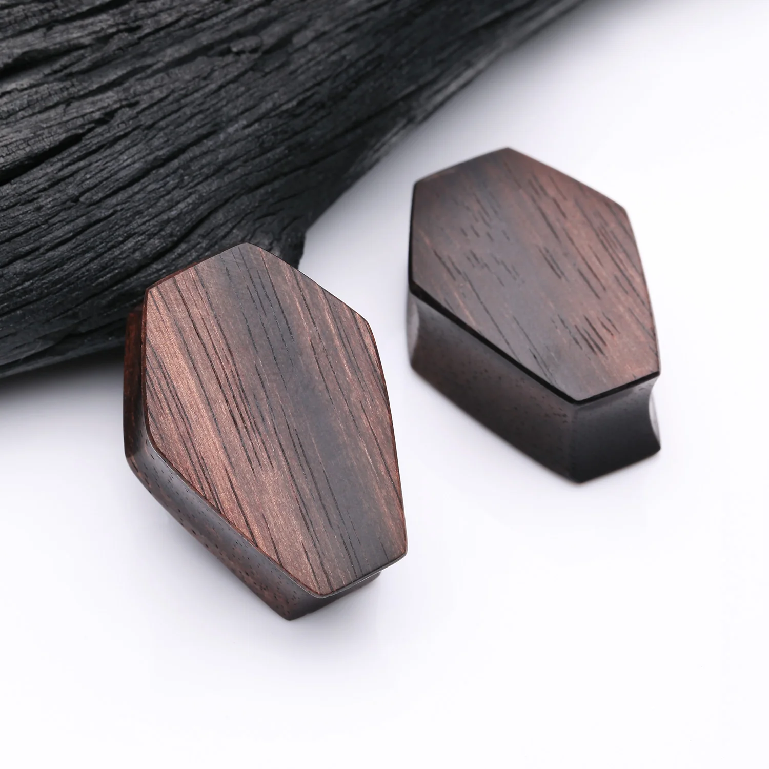 A Pair of Tiger Ebony Wood Casket Double Flared Plug - Image 2