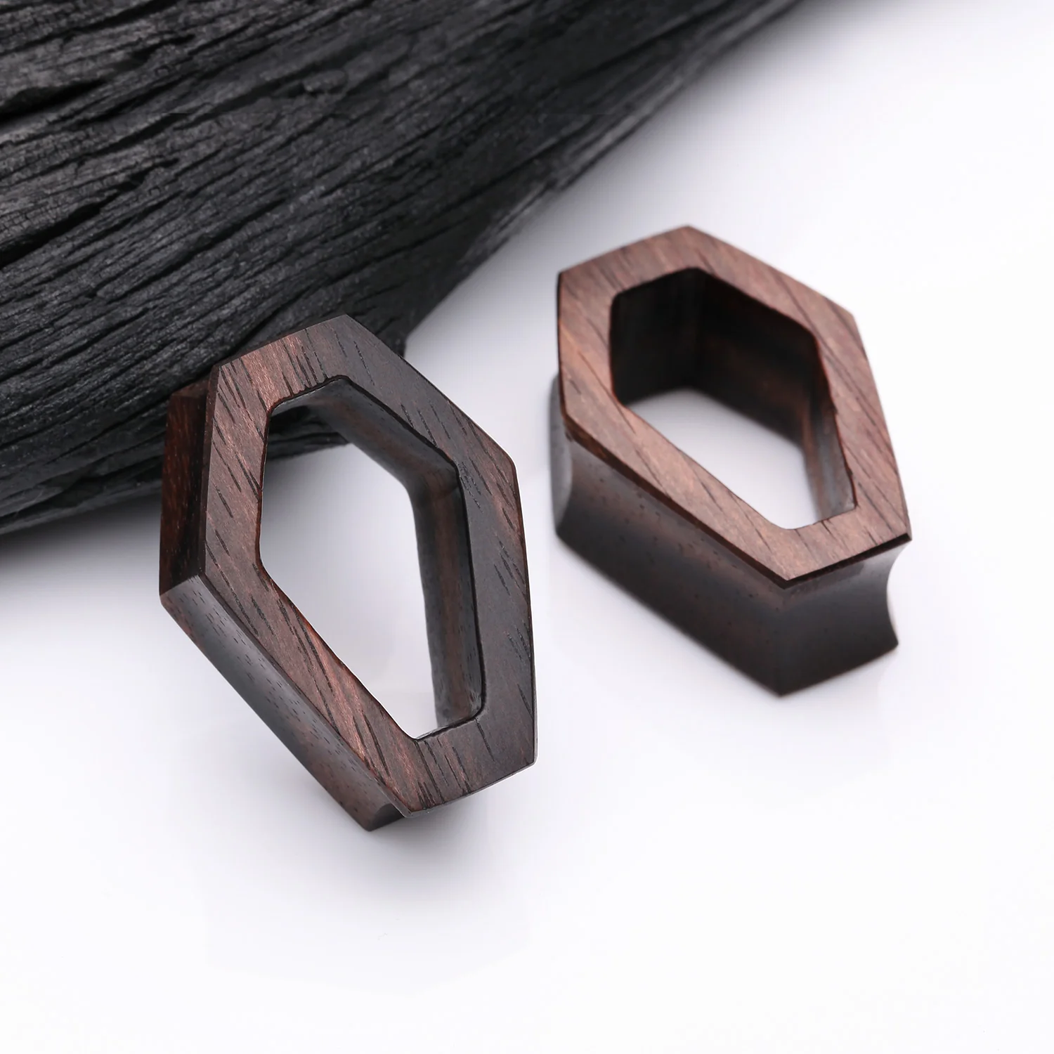 A Pair of Tiger Ebony Wood Casket Double Flared Tunnel Plug - Image 2