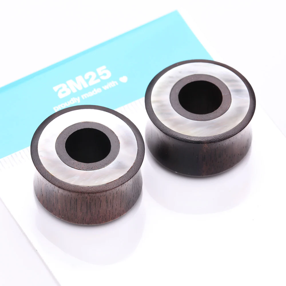 A Pair of Tiger Ebony Wood Mother of Pearl Inlay Double Flared Tunnel Plug - Image 5
