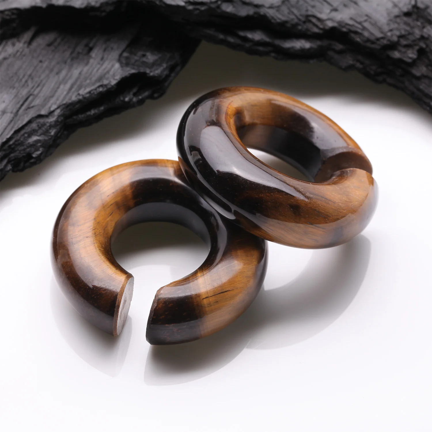 A Pair of Tiger Eye Stone Hoop Hanger Plug - Image 2