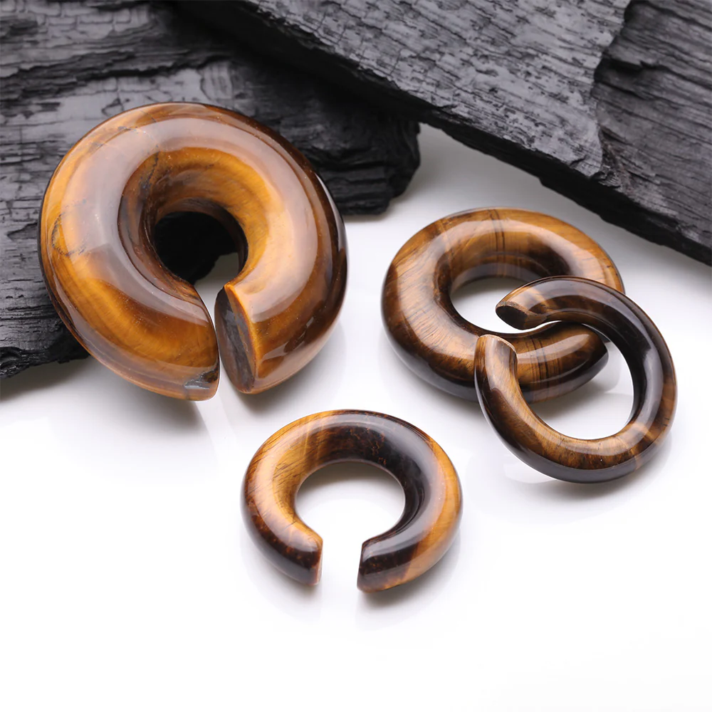 A Pair of Tiger Eye Stone Hoop Hanger Plug - Image 3