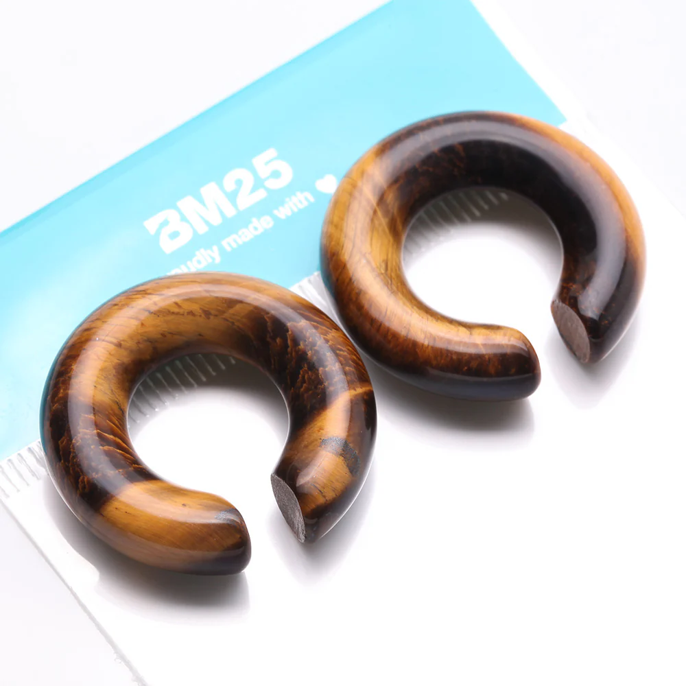 A Pair of Tiger Eye Stone Hoop Hanger Plug - Image 4
