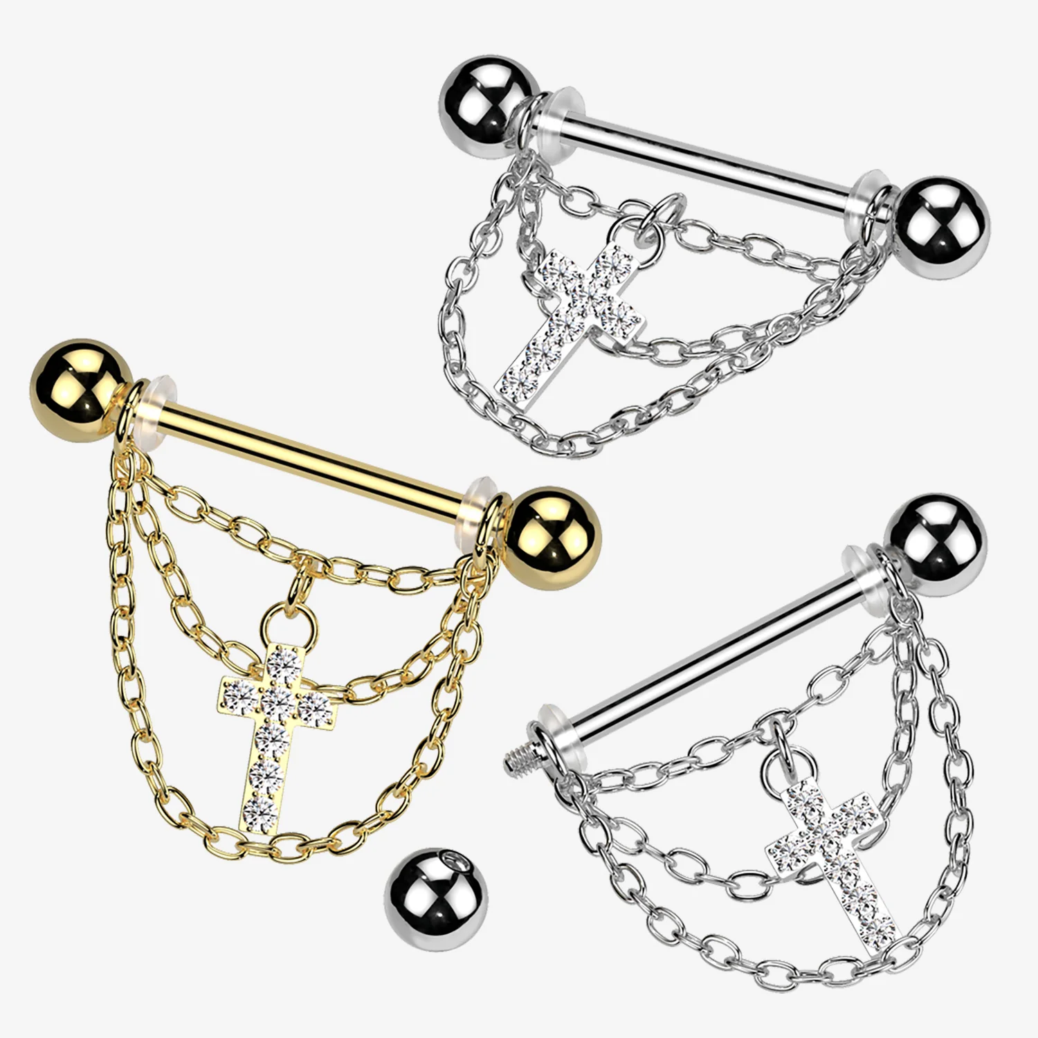 A Pair of Triple Chained Sparkle Cross Nipple Barbell - Image 2