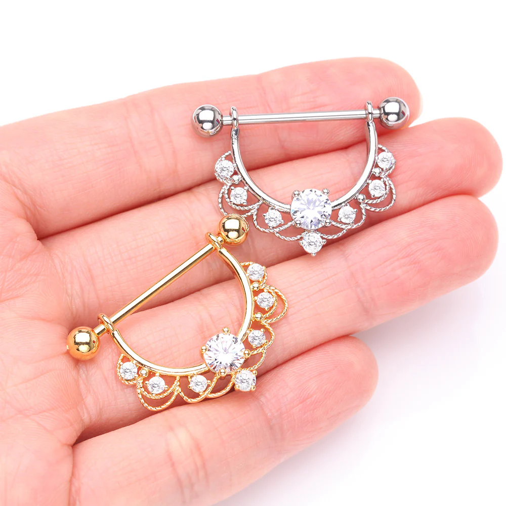 A Pair of Turan Laced Multi-Gem Sparkle Dangle Nipple Barbell Ring - Image 3