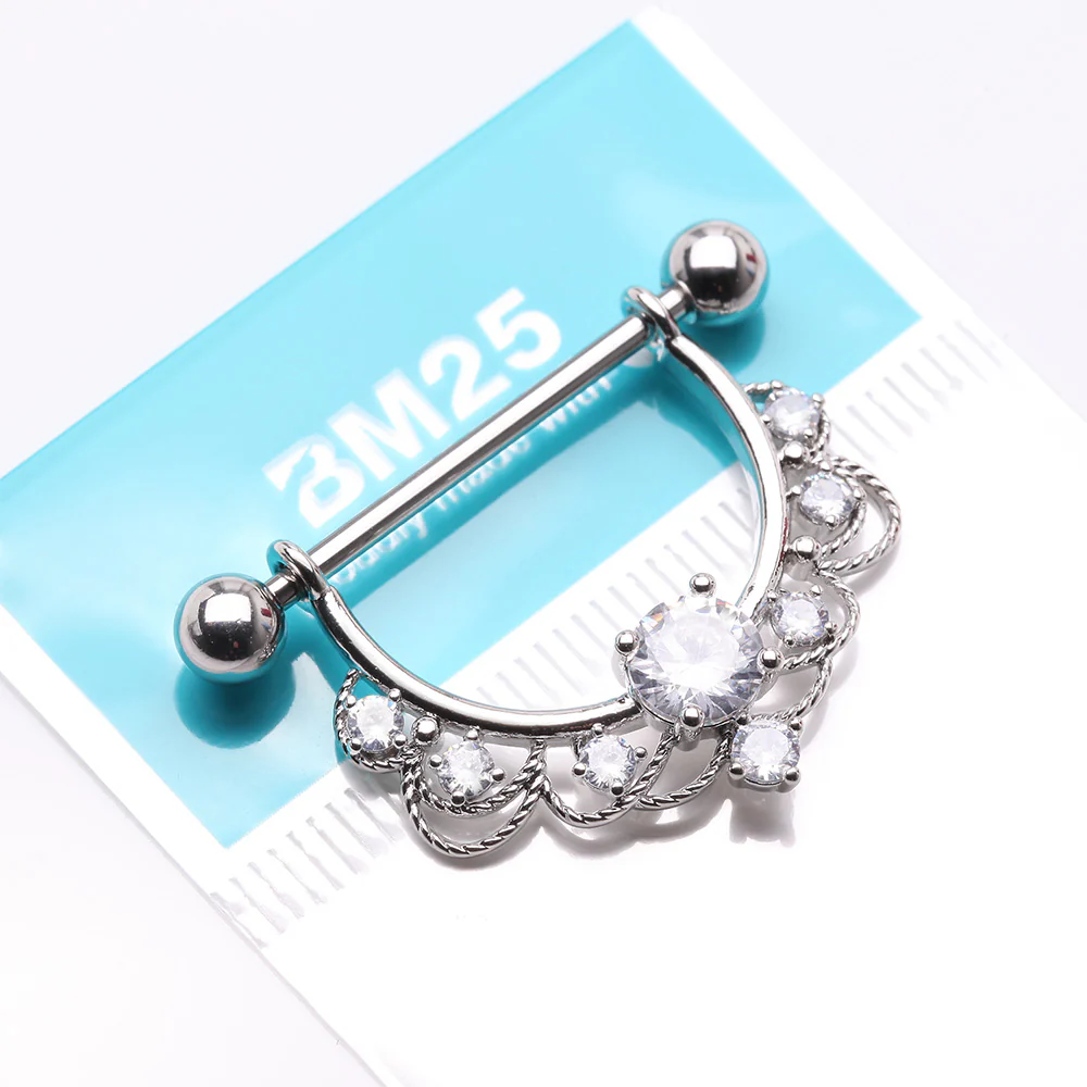 A Pair of Turan Laced Multi-Gem Sparkle Dangle Nipple Barbell Ring - Image 4