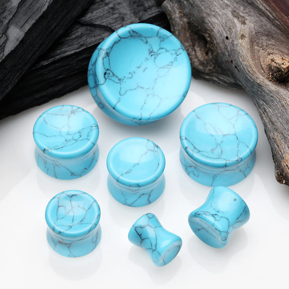 A Pair of Turquoise Concave Stone Double Flared Ear Gauge Plug - Image 3