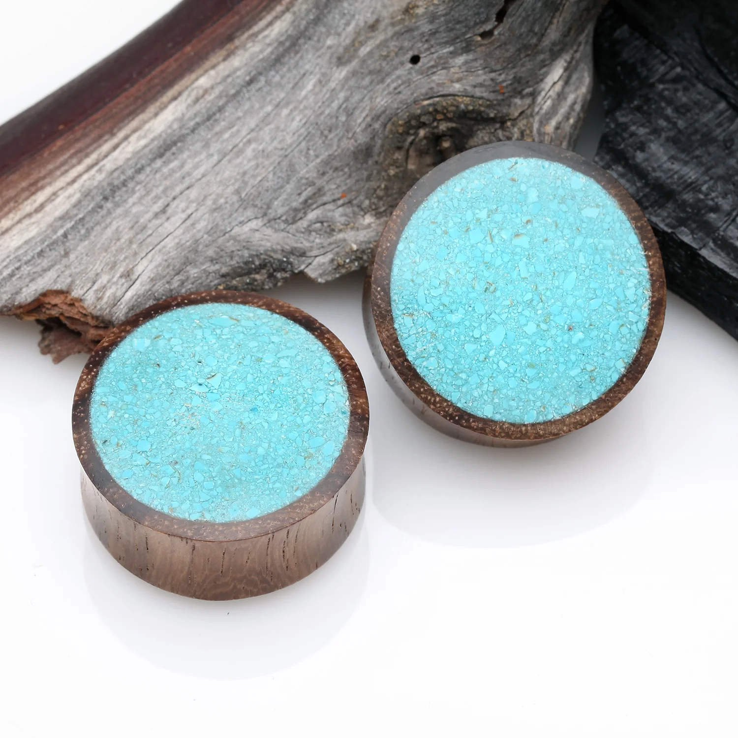 A Pair of Turquoise Crushed Stone Inlayed Rosewood Double Flared Plug