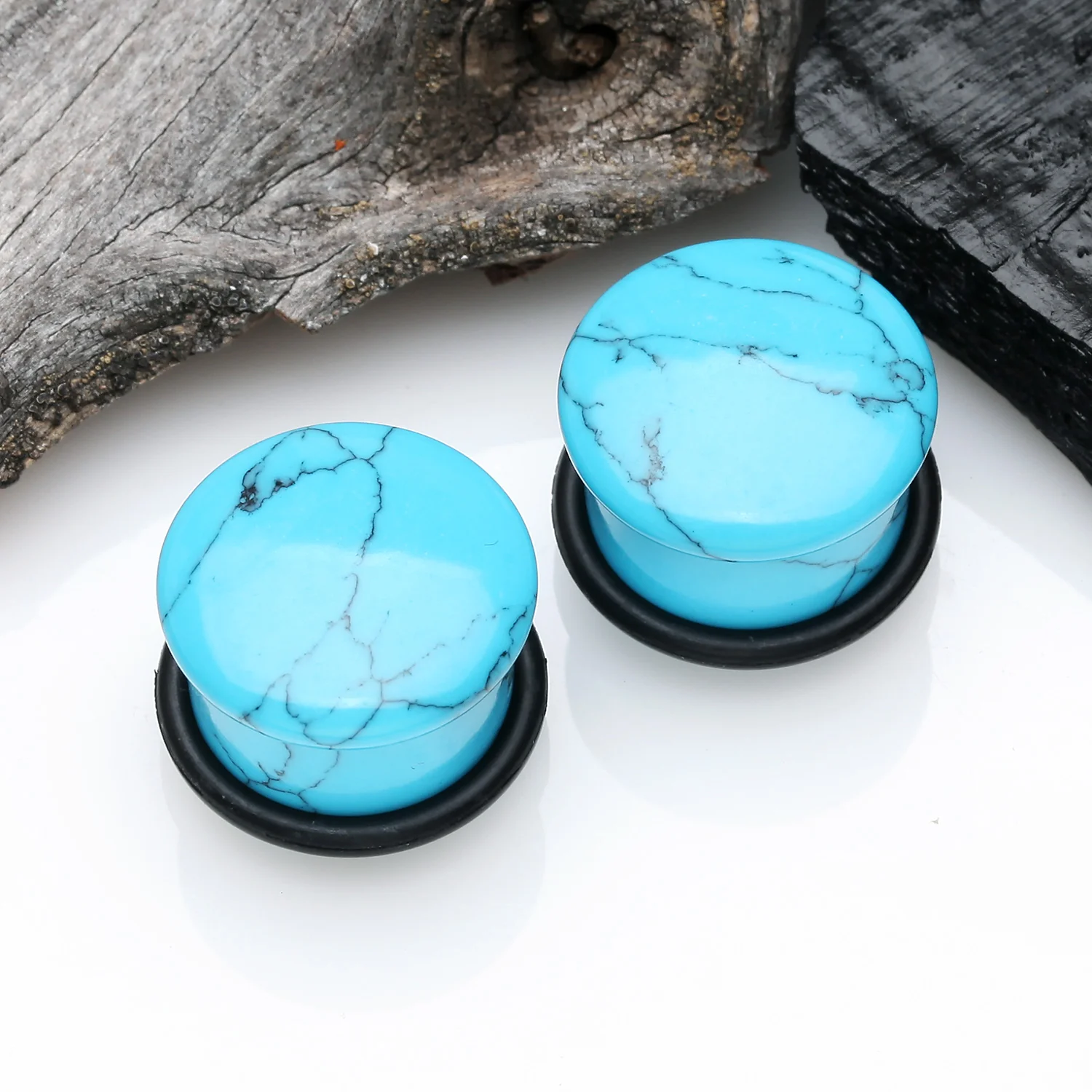 A Pair of Turquoise Stone Single Flared Plug with O-Ring - Image 2