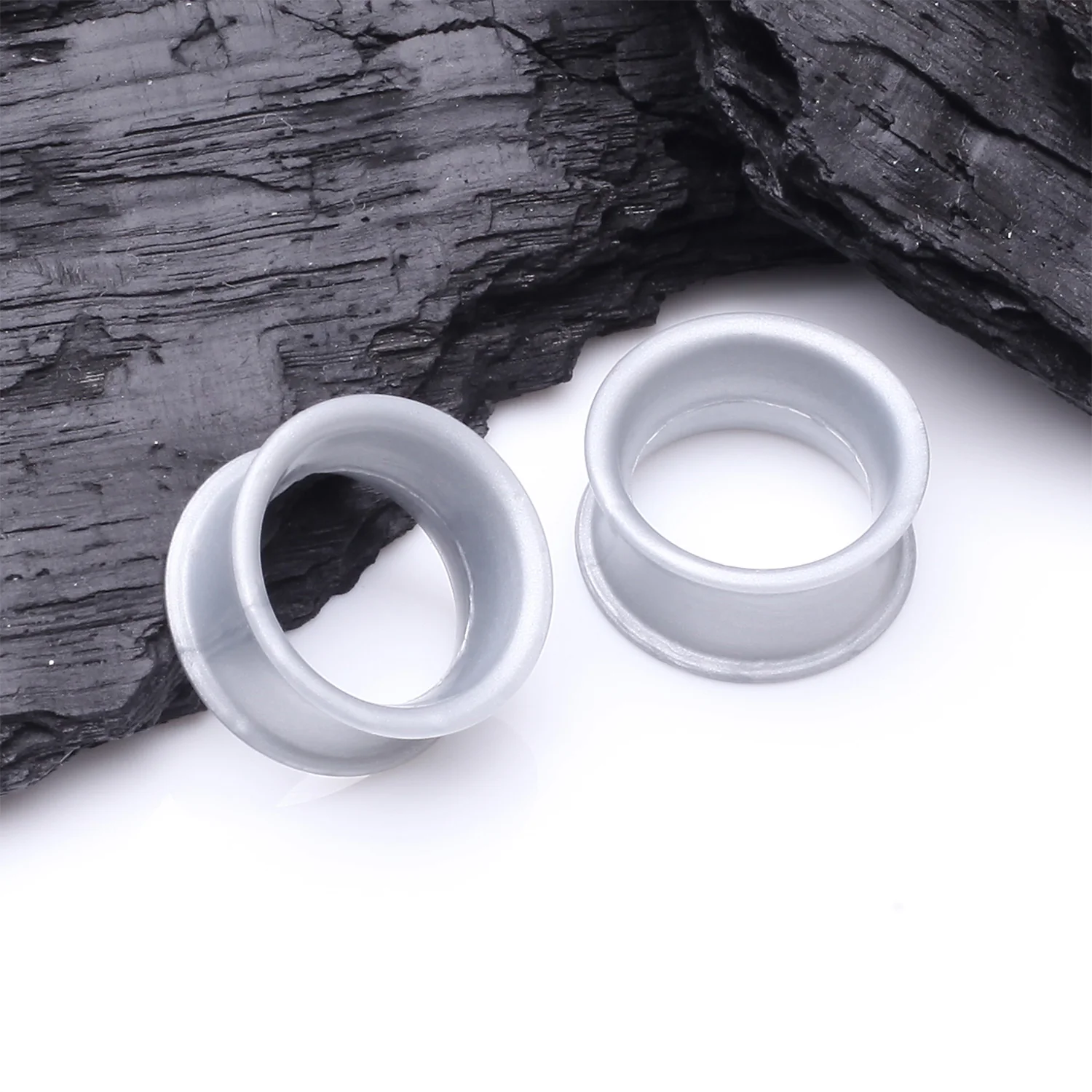 A Pair of Ultra Flexible Metallic Silver Silicone Double Flared Tunnel Plug - Image 2