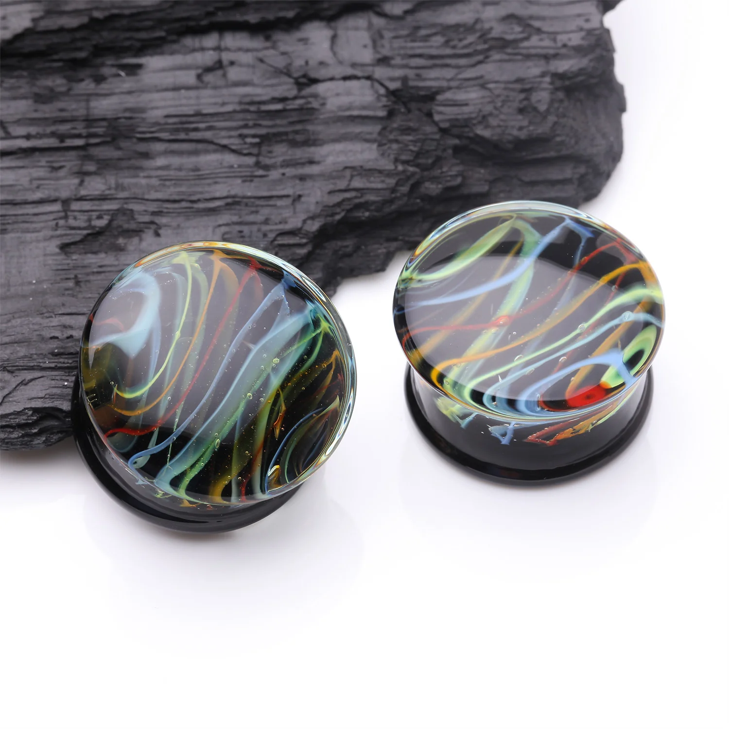 A Pair of Vibrant Rainbow Swirl Line Glass Double Flared Ear Gauge Plug - Image 2