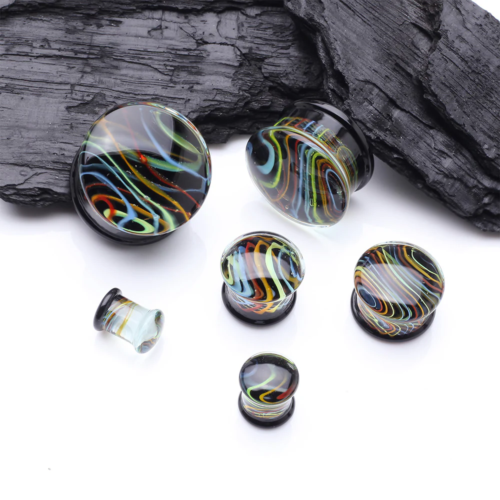 A Pair of Vibrant Rainbow Swirl Line Glass Double Flared Ear Gauge Plug - Image 3