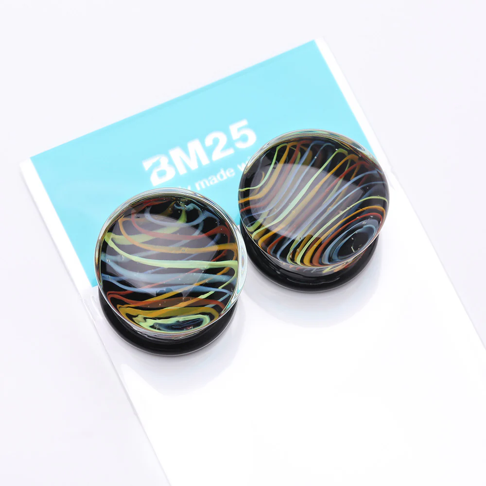 A Pair of Vibrant Rainbow Swirl Line Glass Double Flared Ear Gauge Plug - Image 4