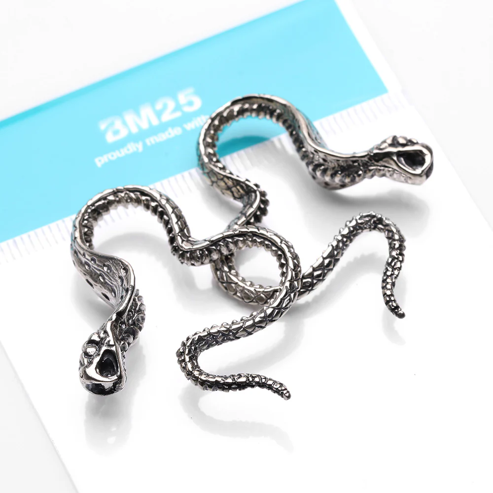 A Pair of Vicious Cobra Snake Swirl White Brass Hoop Ear Weight Hanger - Image 5