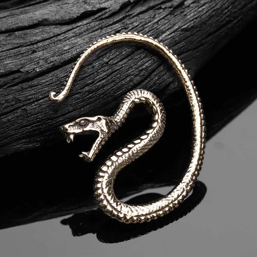 A Pair of Vicious Serpent Snake Swirl Golden Brass Hoop Ear Weight Hanger - Image 3