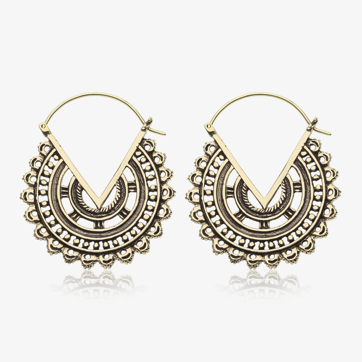 A Pair of Vintage Bali Warrior Emblem Golden Brass Plug Hoop Earring
