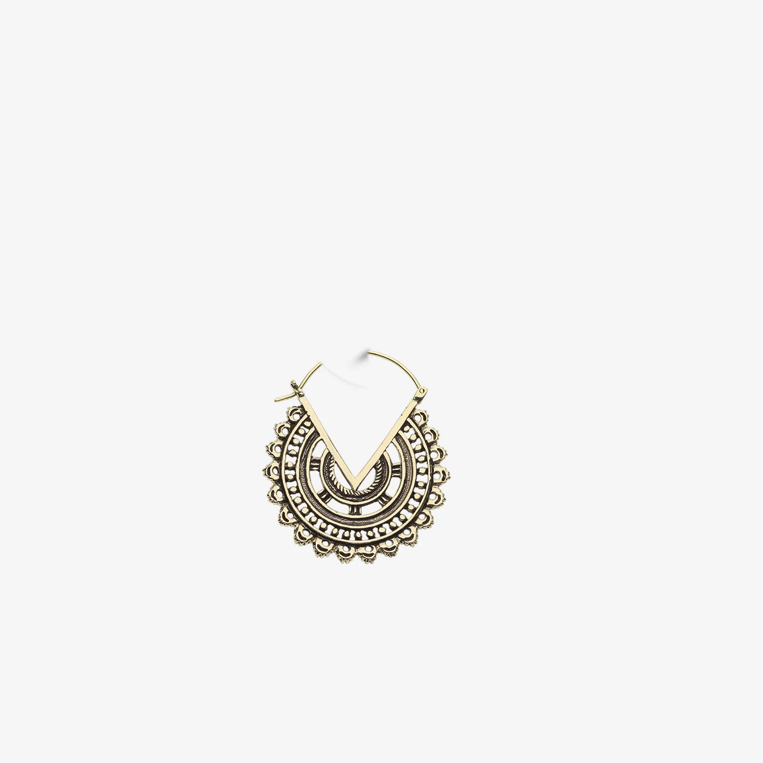 A Pair of Vintage Bali Warrior Emblem Golden Brass Plug Hoop Earring - Image 2
