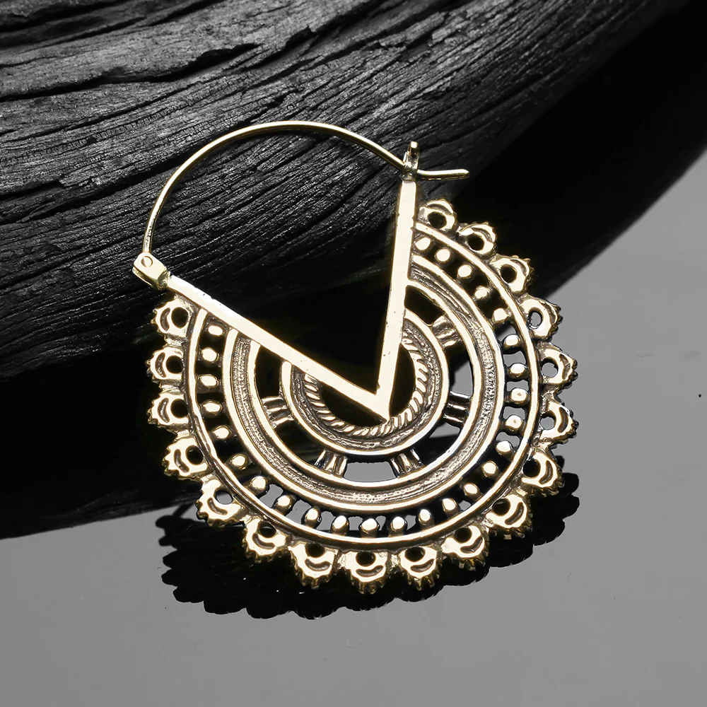 A Pair of Vintage Bali Warrior Emblem Golden Brass Plug Hoop Earring - Image 3