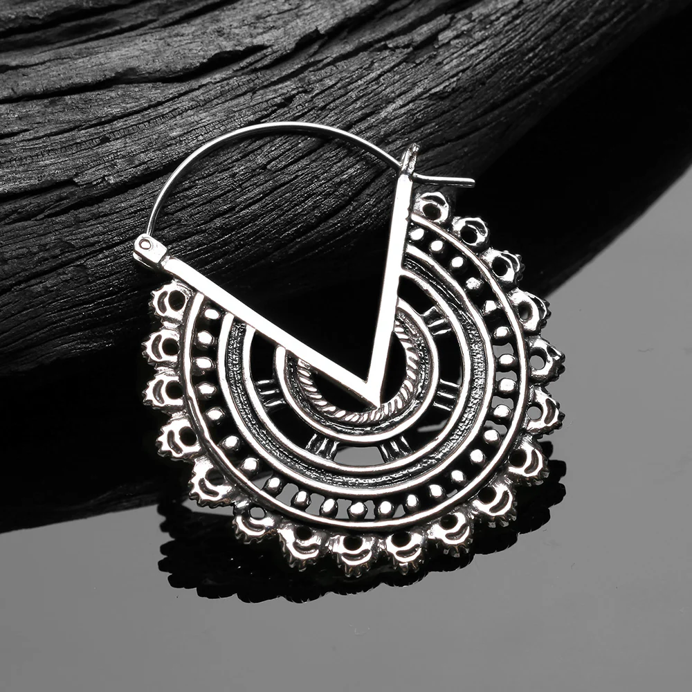 A Pair of Vintage Bali Warrior Emblem White Brass Plug Hoop Earring - Image 3