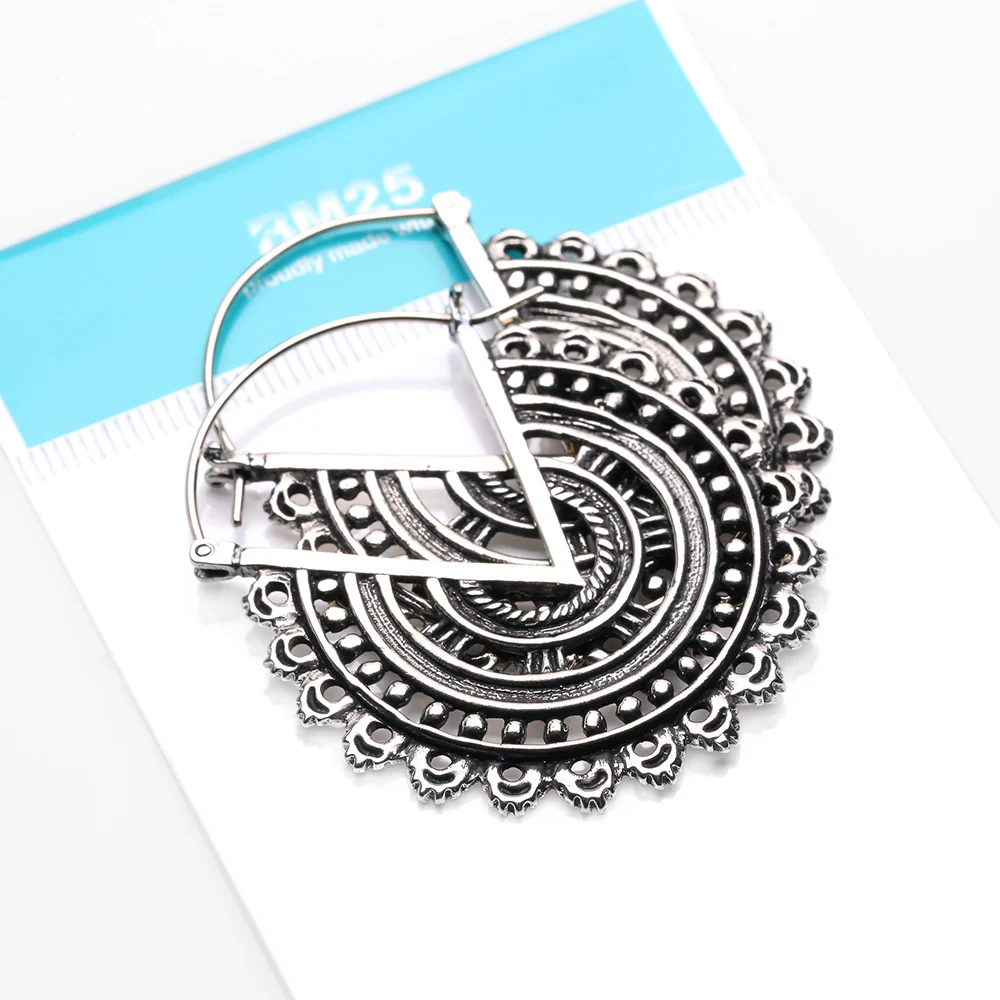 A Pair of Vintage Bali Warrior Emblem White Brass Plug Hoop Earring - Image 5