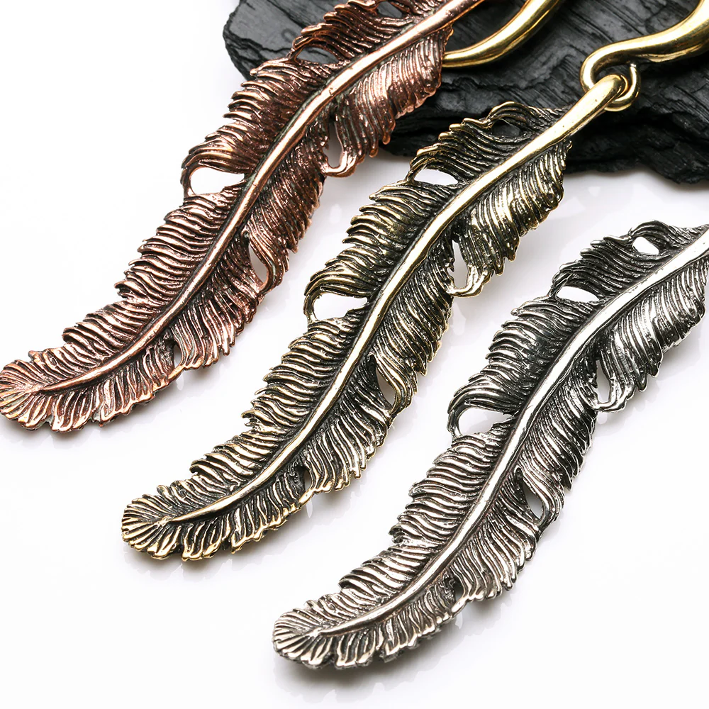 A Pair of Vintage Enchanted Bali Feather White Brass Ear Weight Hanger - Image 4