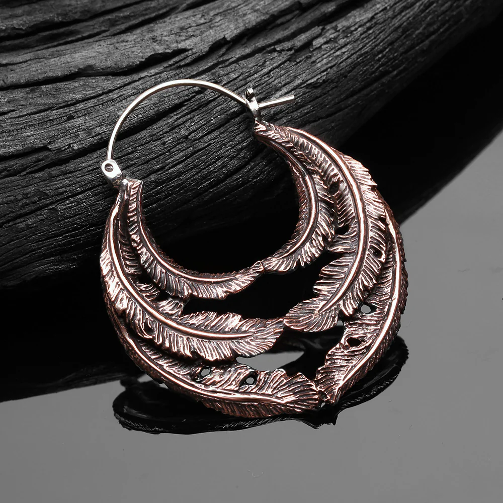 A Pair of Vintage Goddess Leaflet Loops Copper Plug Hoop Earring - Image 3