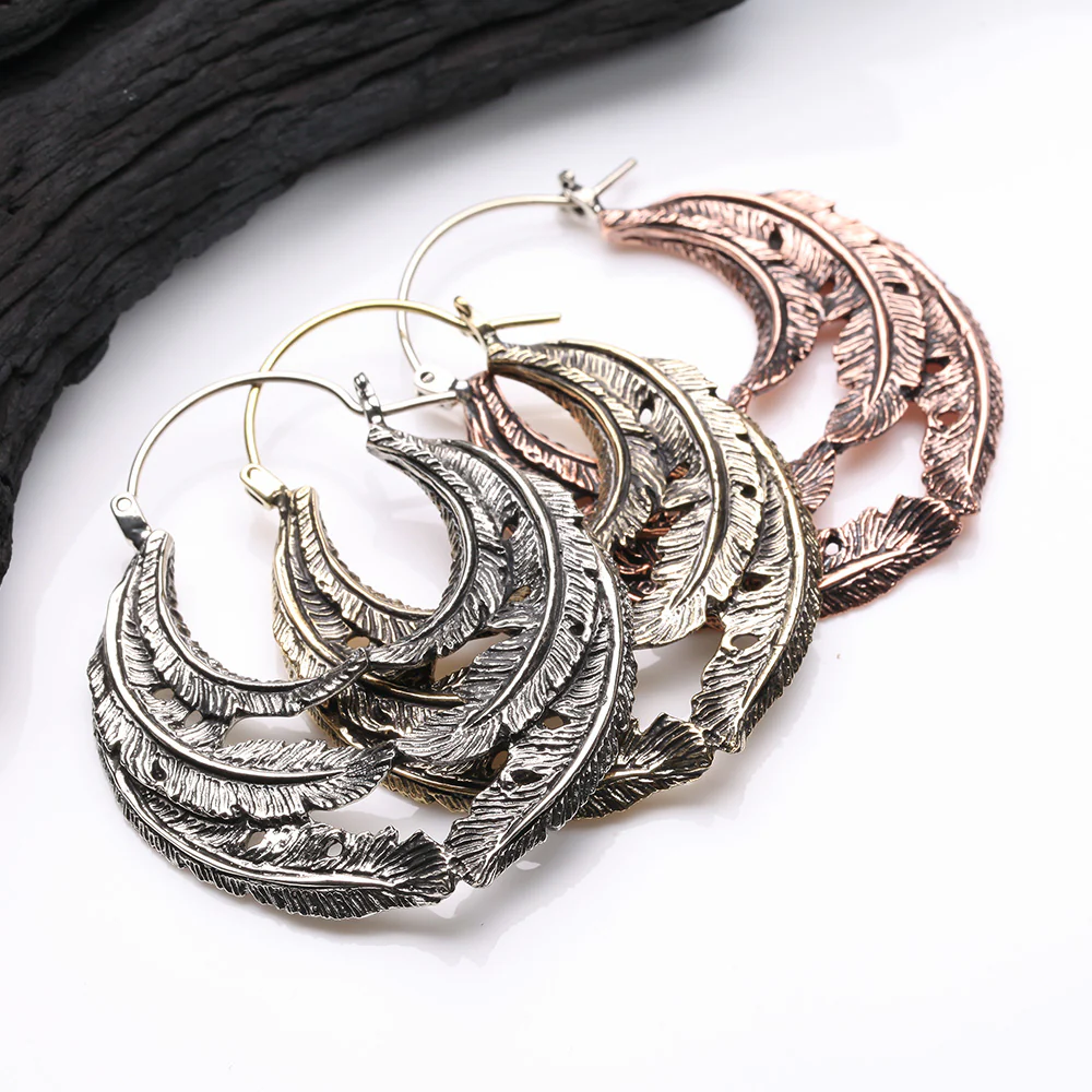 A Pair of Vintage Goddess Leaflet Loops Copper Plug Hoop Earring - Image 4