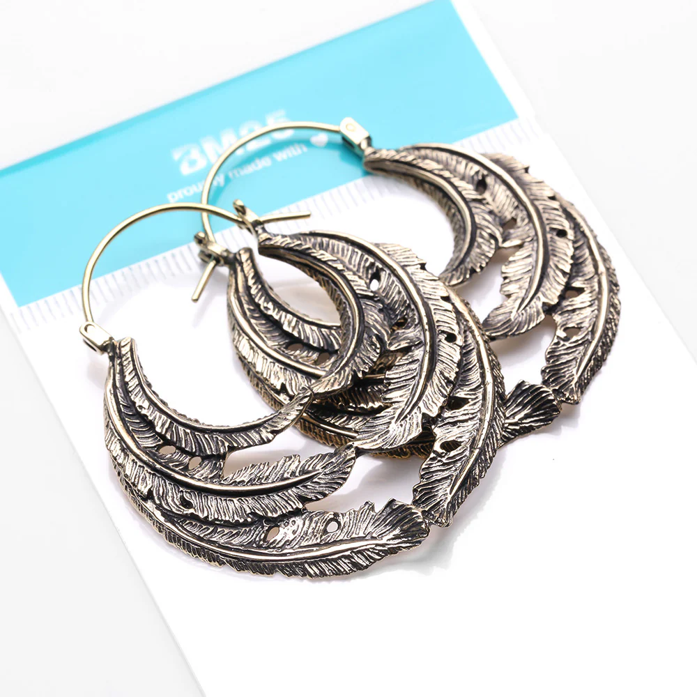 A Pair of Vintage Goddess Leaflet Loops Golden Brass Plug Hoop Earring - Image 5