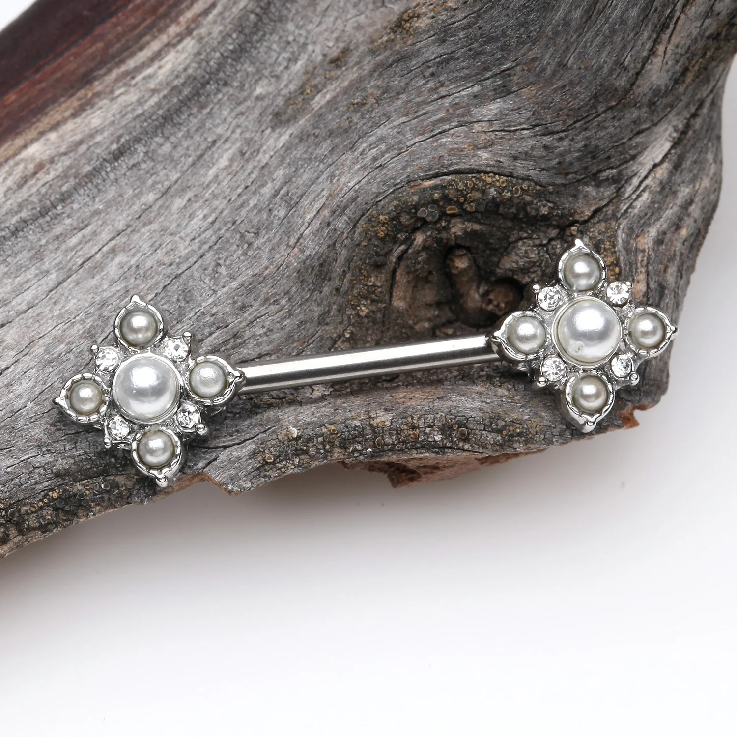 A Pair of Vintage Pearlescent Sparkle Floral Nipple Barbell - Image 2
