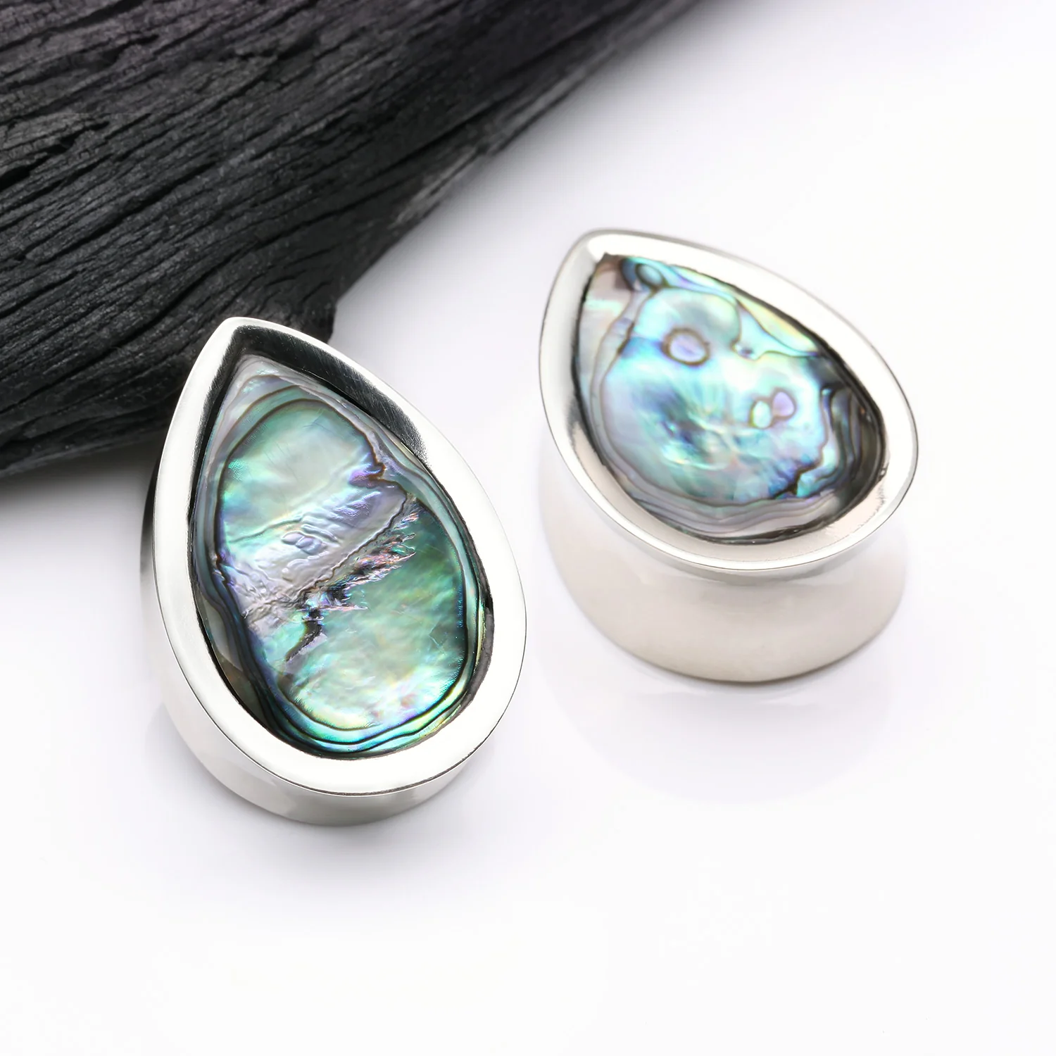 A Pair of White Brass Bali Abalone Inlay Teardrop Double Flared Plug - Image 2