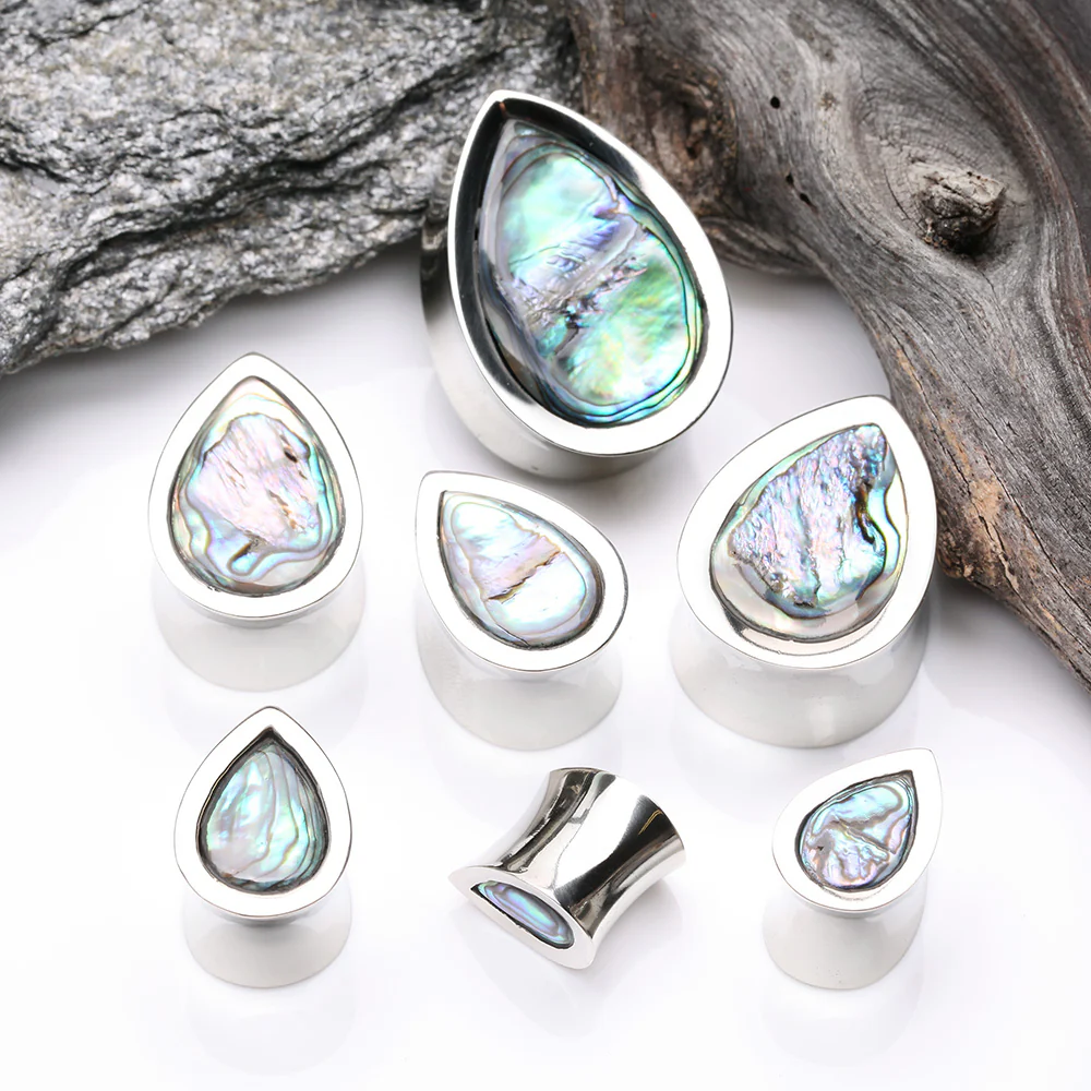 A Pair of White Brass Bali Abalone Inlay Teardrop Double Flared Plug - Image 3
