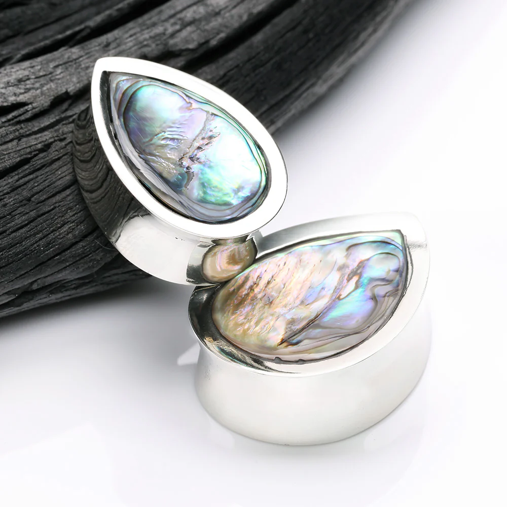A Pair of White Brass Bali Abalone Inlay Teardrop Double Flared Plug - Image 4
