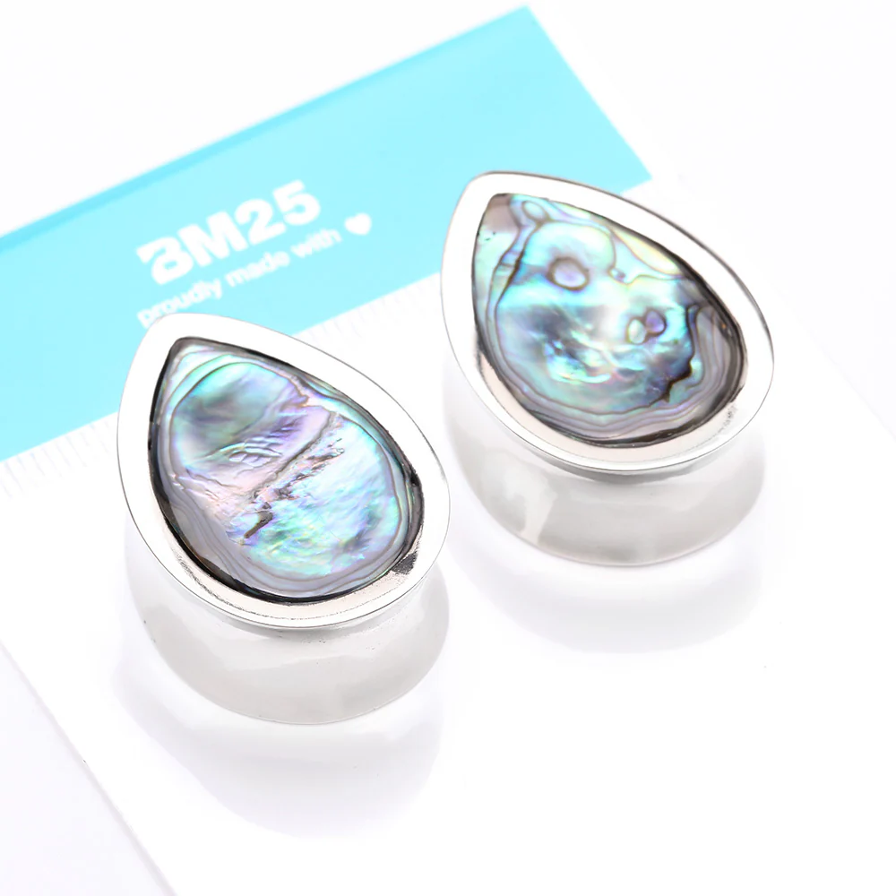 A Pair of White Brass Bali Abalone Inlay Teardrop Double Flared Plug - Image 5