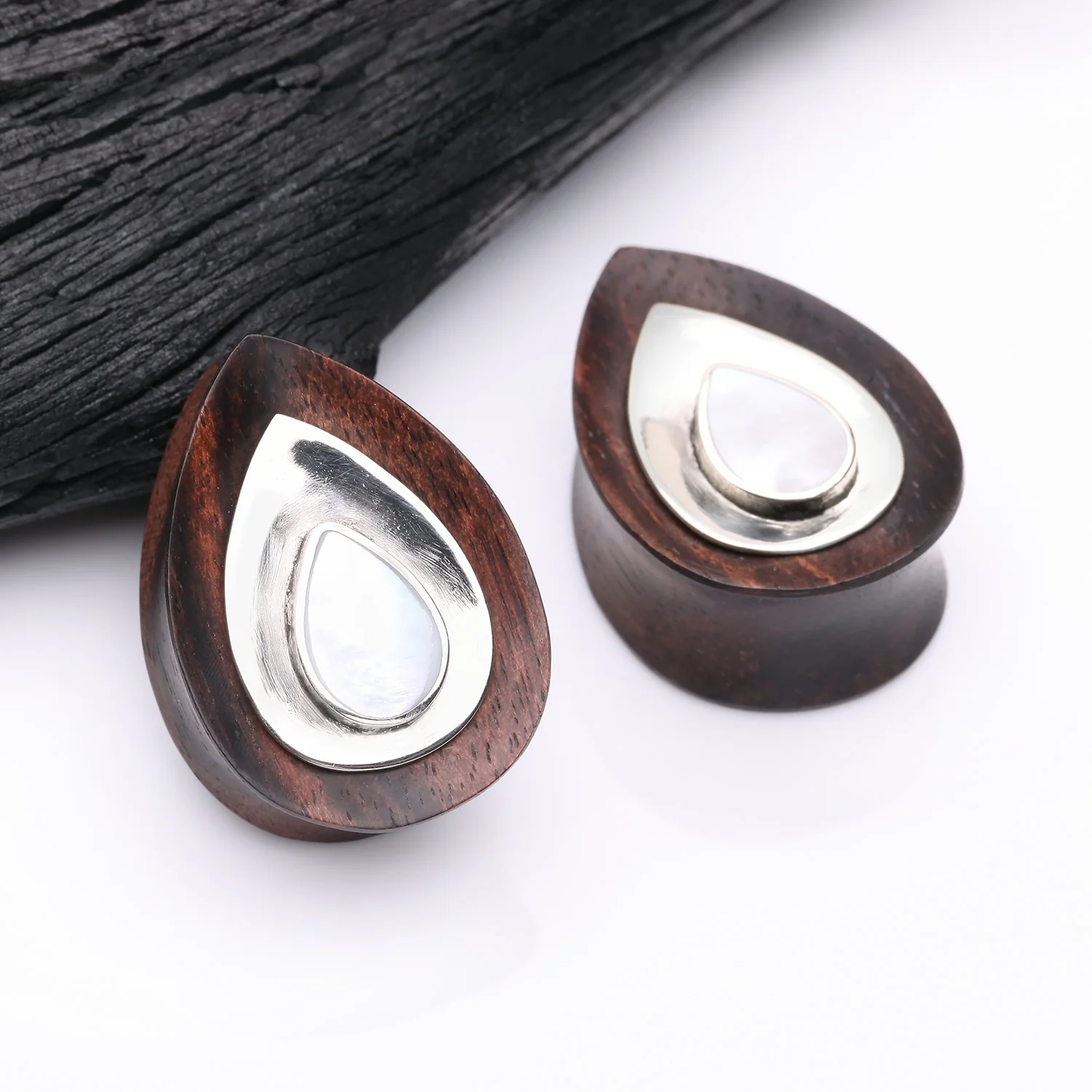 A Pair of White Brass Moonstone Arang Wood Teardrop Double Flared Plug - Image 2